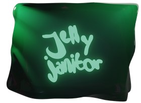 a green gelatinous cube character in a museum